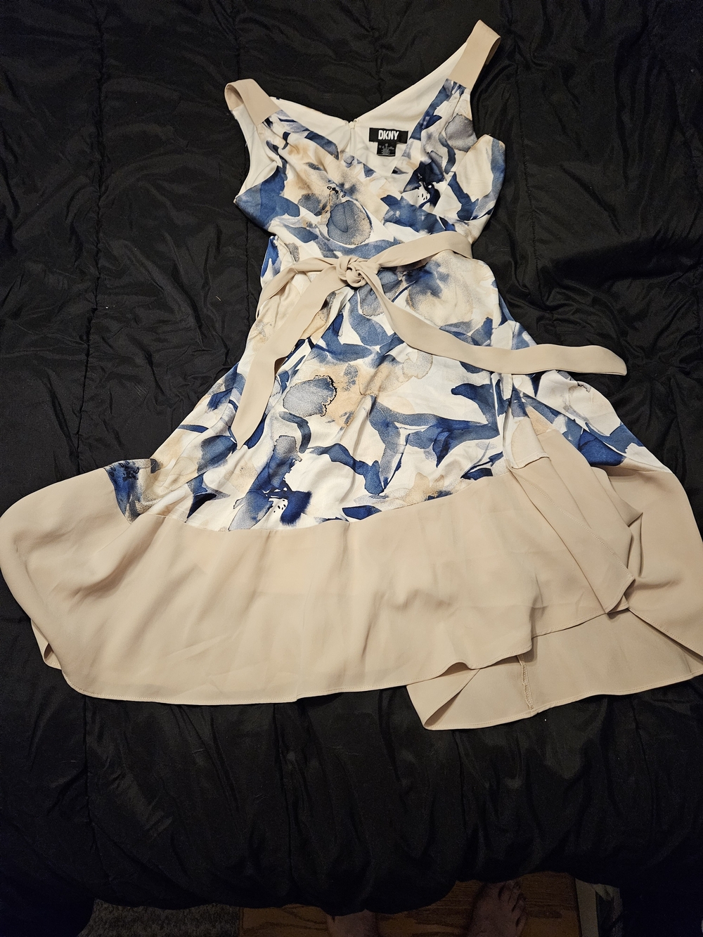 DKNY Blue and Beige Floral Tie-Waist Sleeveless Midi Dress